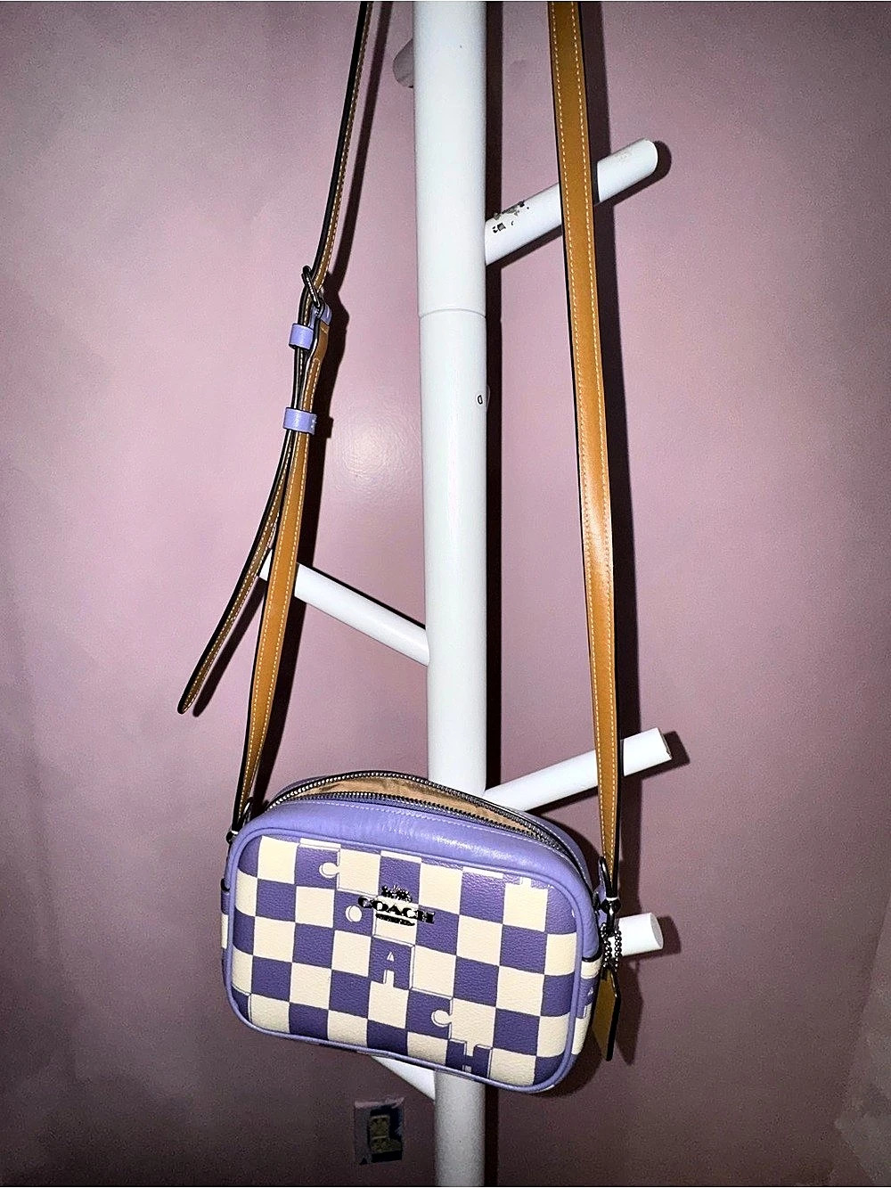 Coach Mini Jamie Camera Bag With Checkerboard Print Checkerboard Purple & White